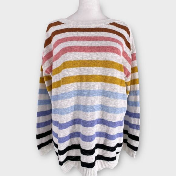 Talbots Slub Cotton Bateau Rainbow Stripe Pullover Sweater w/ Button Detail XL - Picture 8 of 9